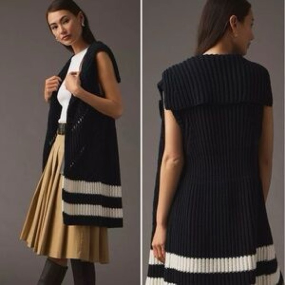 Maeve Anthropologie Navy Chunky Knit Duster Vest XS/S Sleeveless Cardigan Preppy